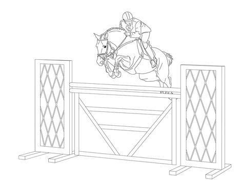 Horse clears a jump through a high obstacle during a show jumping petition vector