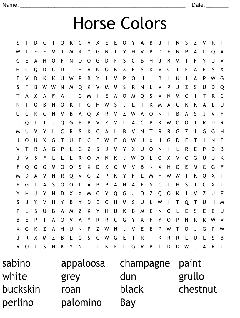 Horse colors word search