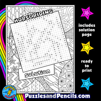 Horse riding word search puzzle activity page with coloring horses