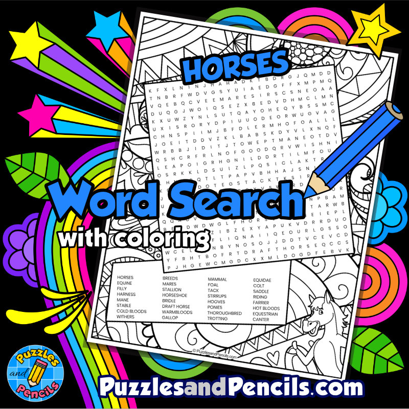 Horses word search puzzle activity page with coloring made by teachers