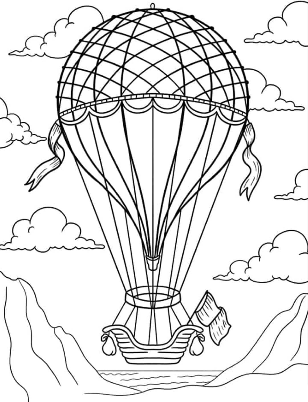 Beautiful hot air balloon with clouds coloring page