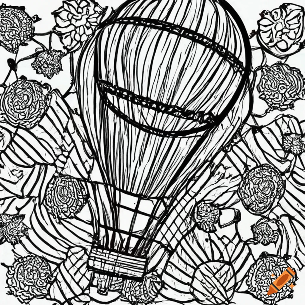 Line art coloring book illustration of a hot air balloon on