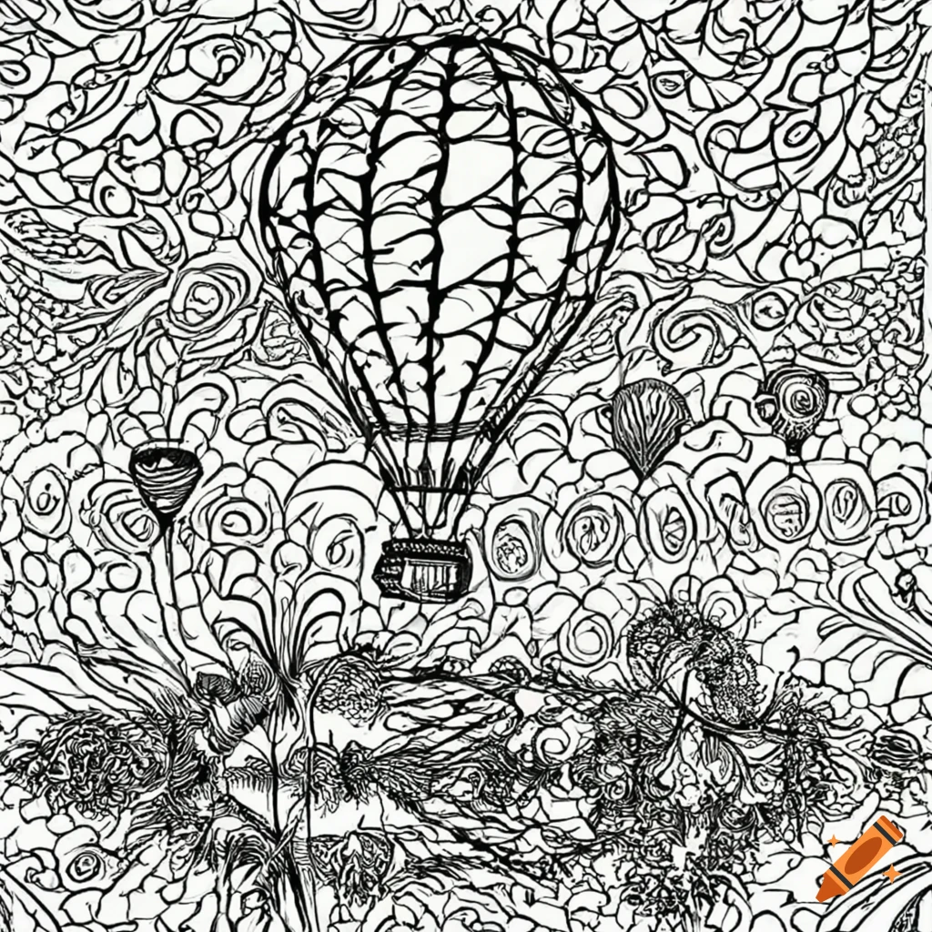 Coloring book line art hot air balloon flying above a reflective lake on