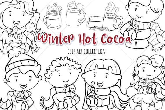 Cute winter hot chocolate kids black and white clip art hot cocoa coloring pages kawaii winter cute winter kids cute cocoa illustrations