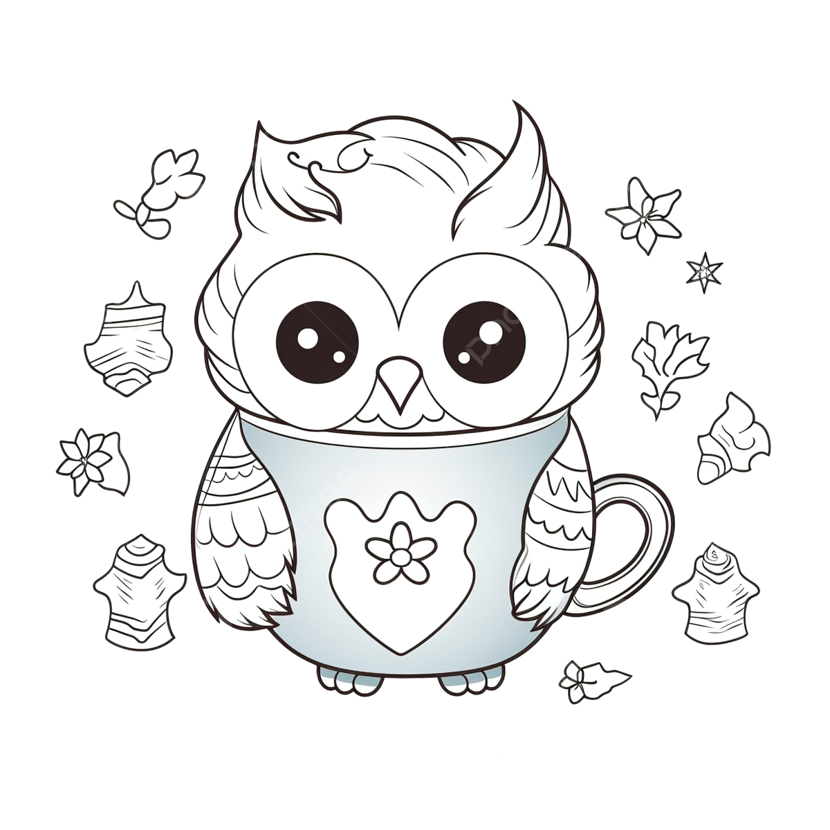 Coloring page with kawaii owl and hot chocolate in mug cute owl christmas coloring owl png transparent image and clipart for free download