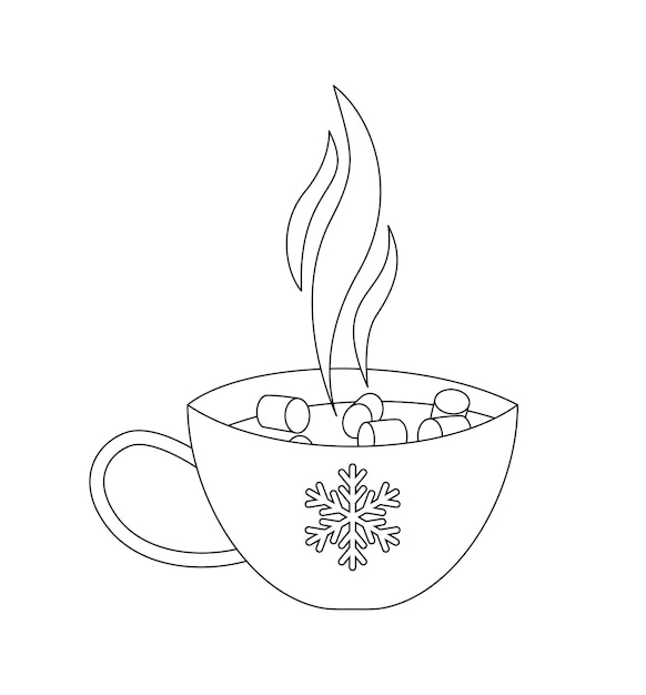 Premium vector cup of hot cocoa with marshmallows coloring page black and white hot beverage vector