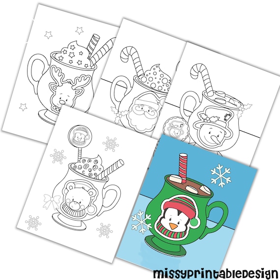 Hot cocoa coloring pages for kids teens adults coffee mug coloring pages christmas coloring pages instant download