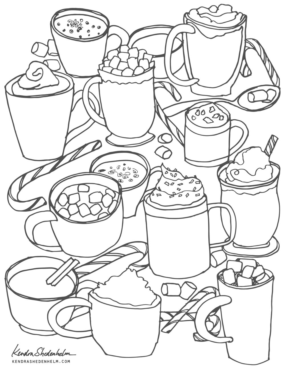 Free coloring page download â hot cocoas and candy canes â kendra shedenhelm