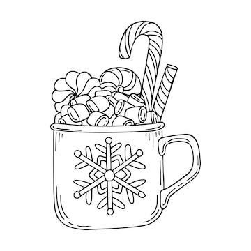 Premium vector coloring page christmas cup of drink and sweets merry holiday hot chocolate with marshmallows hand drawn vector doodle illustration coloring book for children and adults black white line art