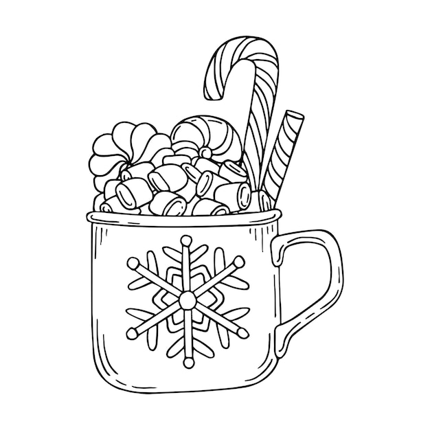 Premium vector coloring page christmas cup of drink and sweets merry holiday hot chocolate with marshmallows hand drawn vector doodle illustration coloring book for children and adults black white line art