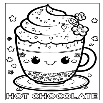 Hot chocolate coloring page cute kawaii hot cocoa coffee coloring sheet