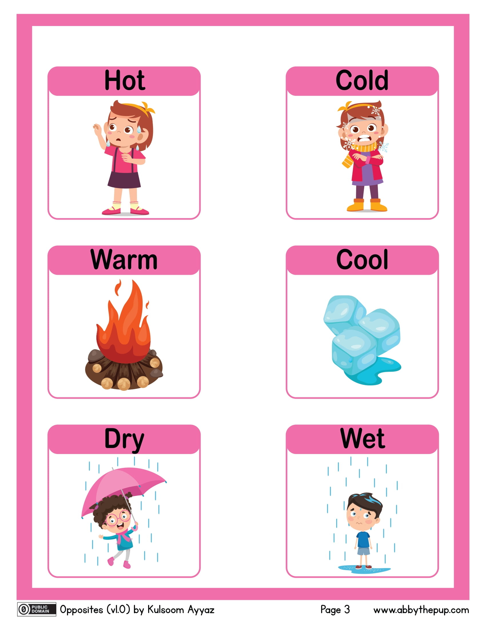 Hotcold warmcool drywet flash cards free printable papercraft templates