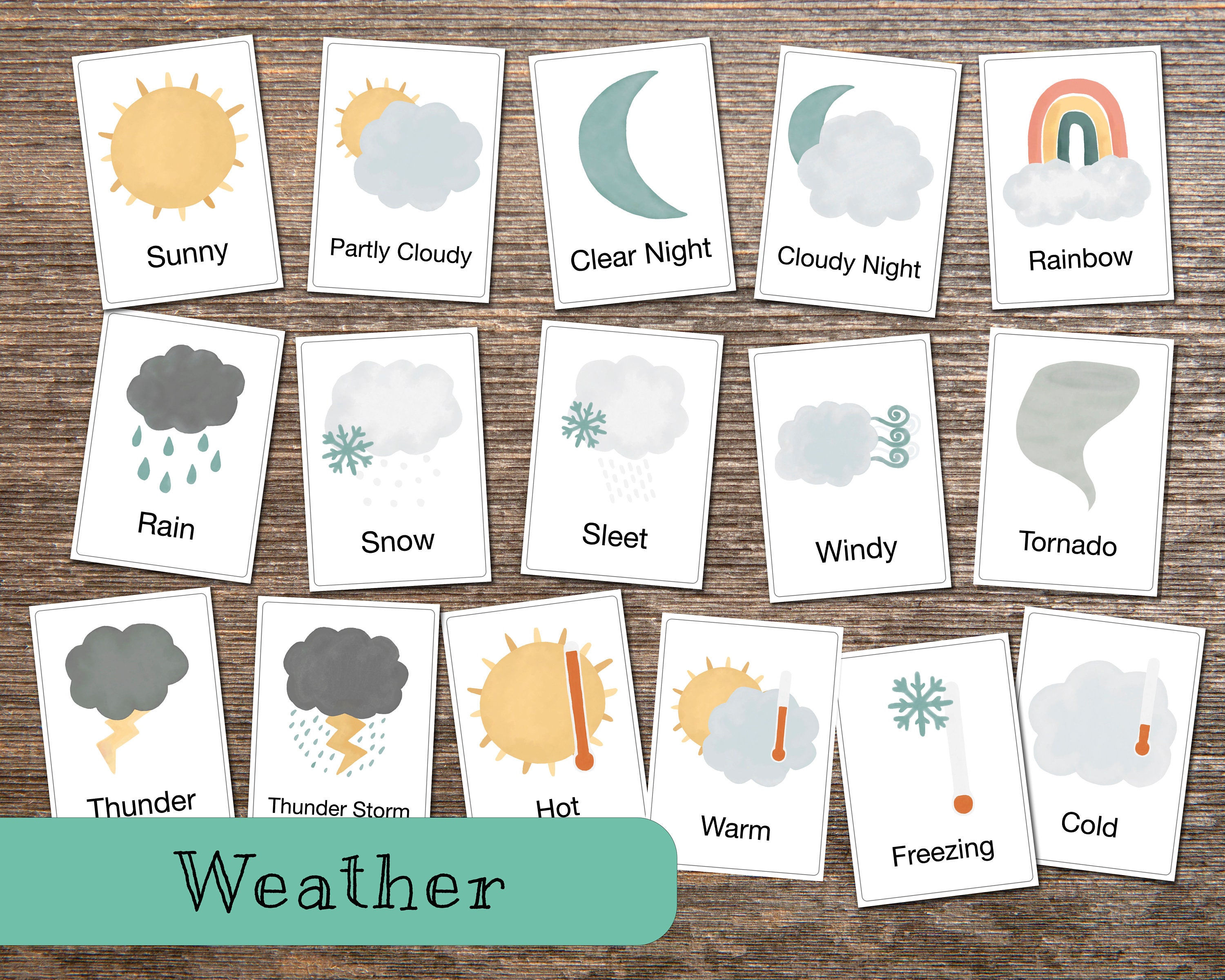 Weather digital flash cards montessori nomenclature flashcards pdf jpg printable cards preschool curriculum and homeschool