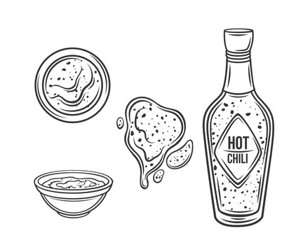 Hot chili sauce outline icons set vector illustration line hand drawing glass bottle of sweet and sour chilli spicy sauce splash stain of gourmet product bowl with chili salsa in top and