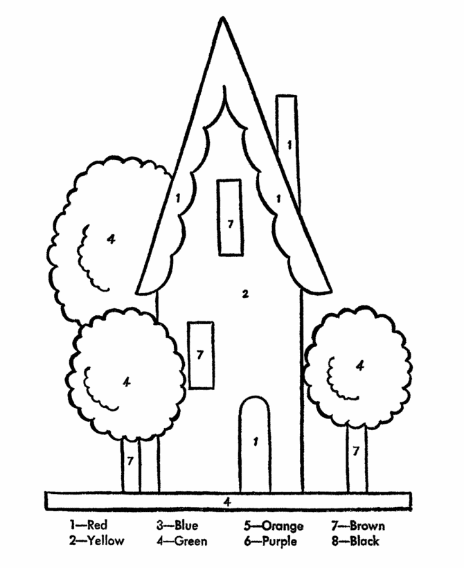 Color by number coloring page learn to color by following the color numbers toy house coloring page activity sheet