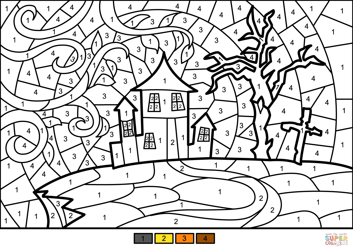 Halloween haunted house color by number free printable coloring pages