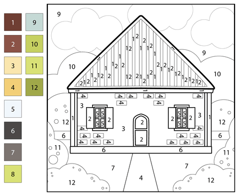House color by number free printable coloring pages