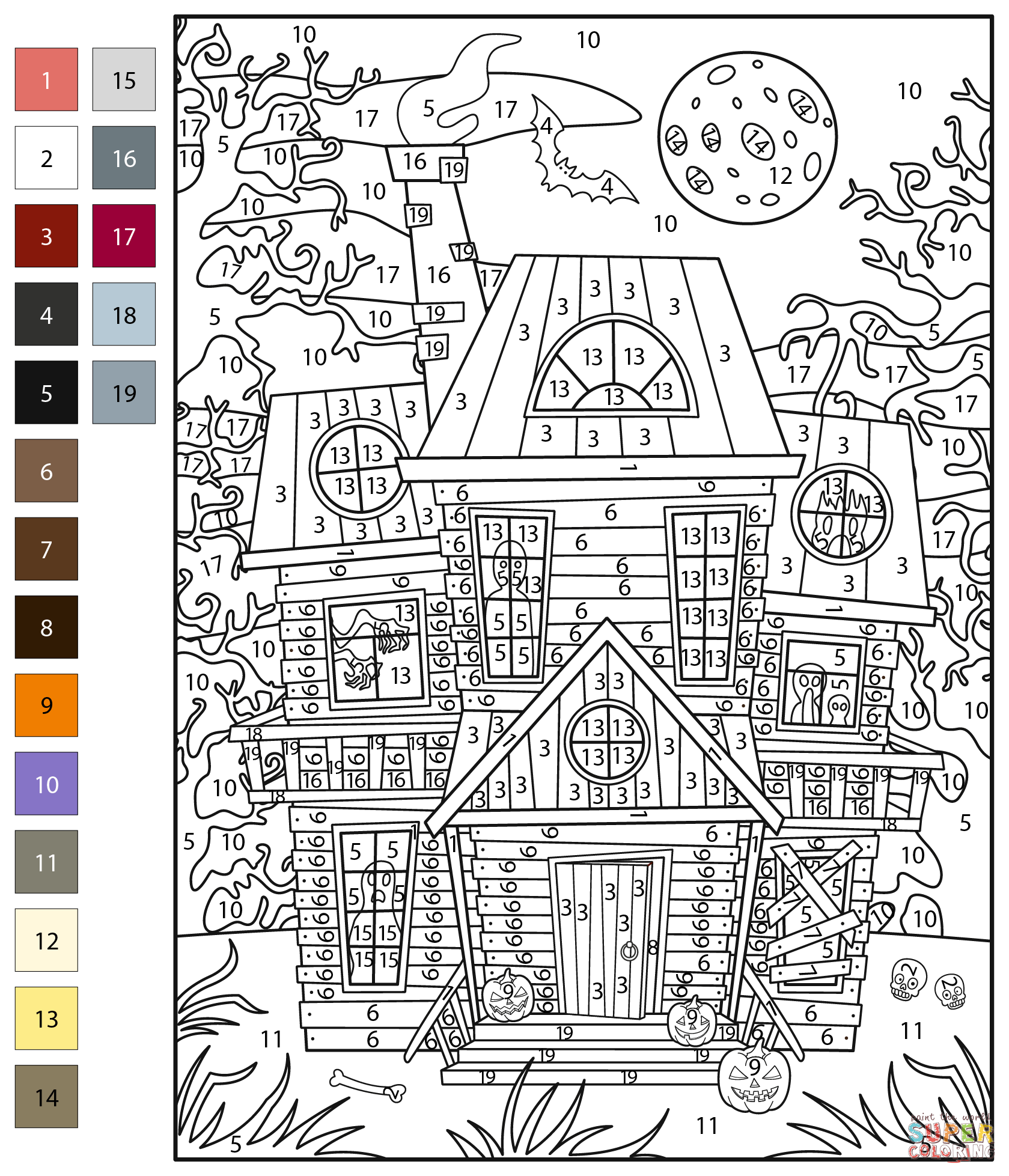 Haunted house color by number free printable coloring pages
