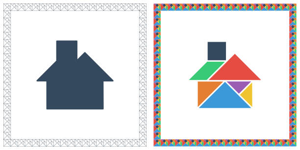 Tangram brain game house riddle and answer flat ui color vector illustration stock illustration