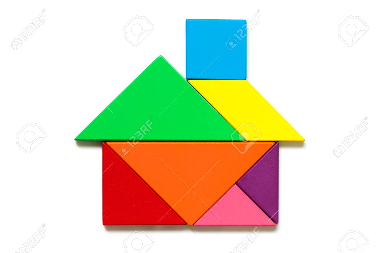 Color wood tangram puzzle in home shape on white background stock photo picture and royalty free image image