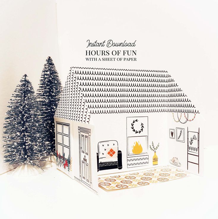 Printable origami paper house winter hygge house coloring page kids activity instant download paper dollhouse paper craft instant download