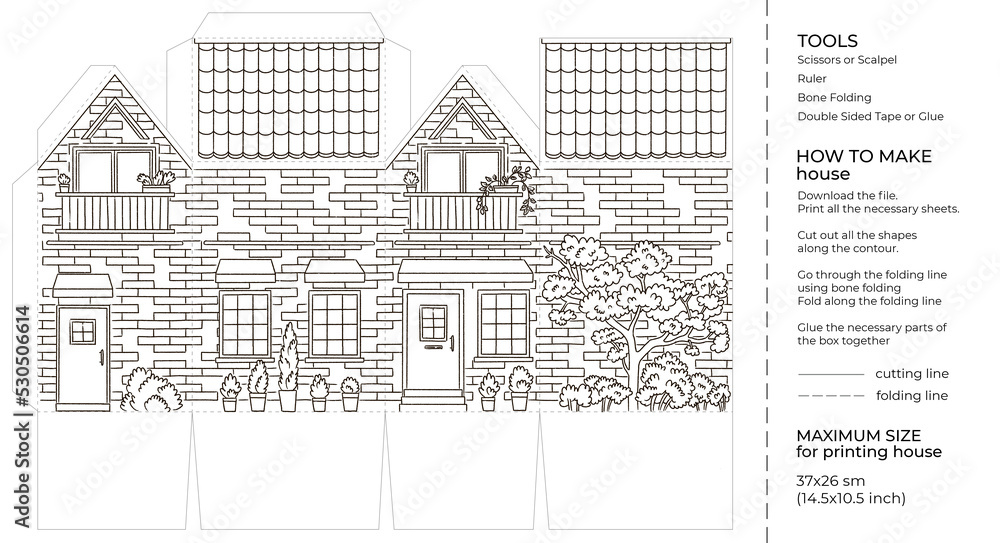 Kids craft paper house coloring page cut and glue cartoon d toy doll house printable template illustration