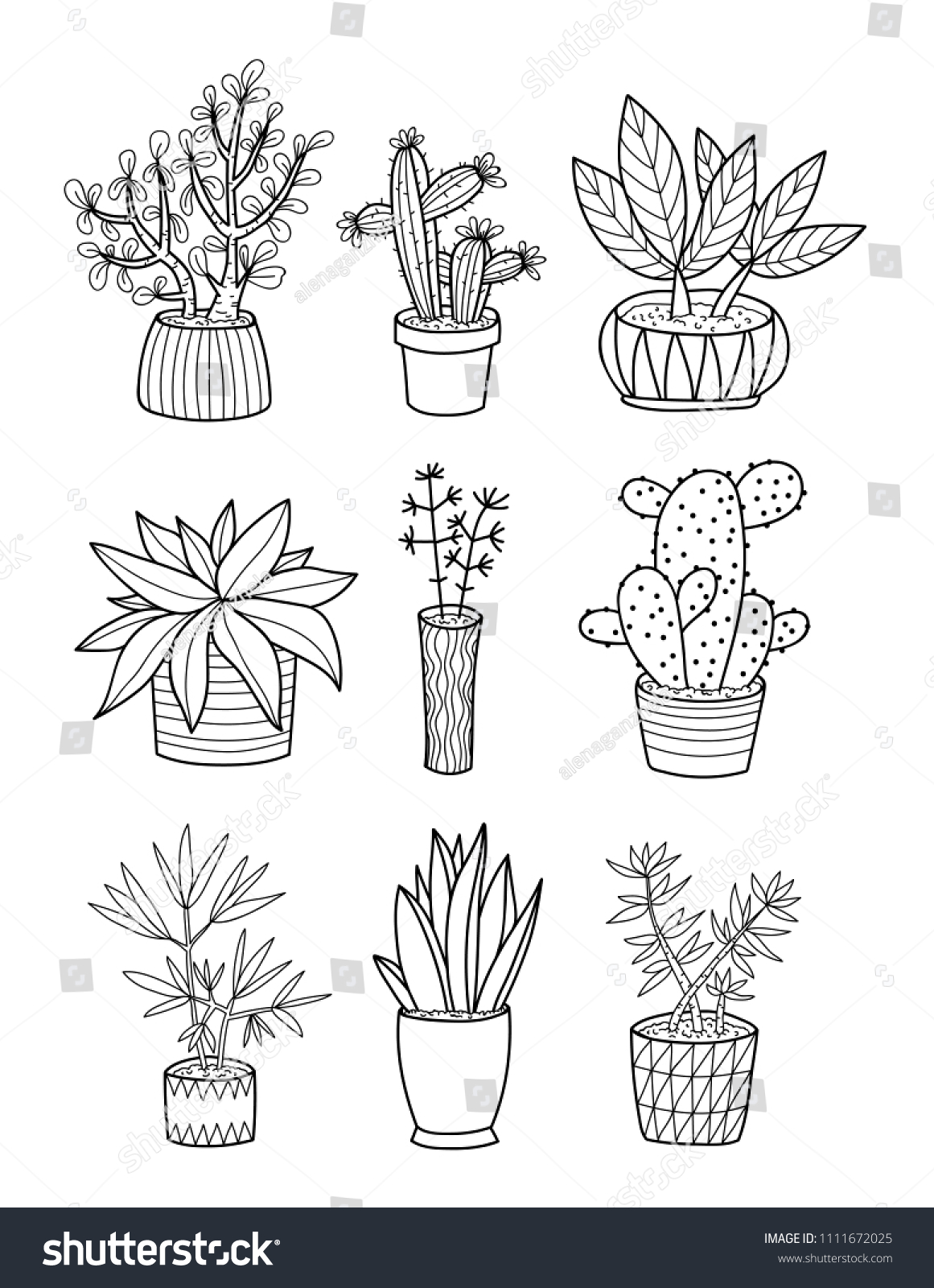 Hand drawing home plants pots coloring stock vector royalty free