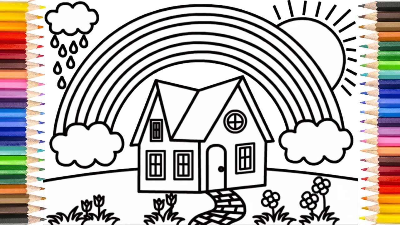 Rainbow and glitter house drawing and coloring pages for kids halaman mewarnai untuk anak