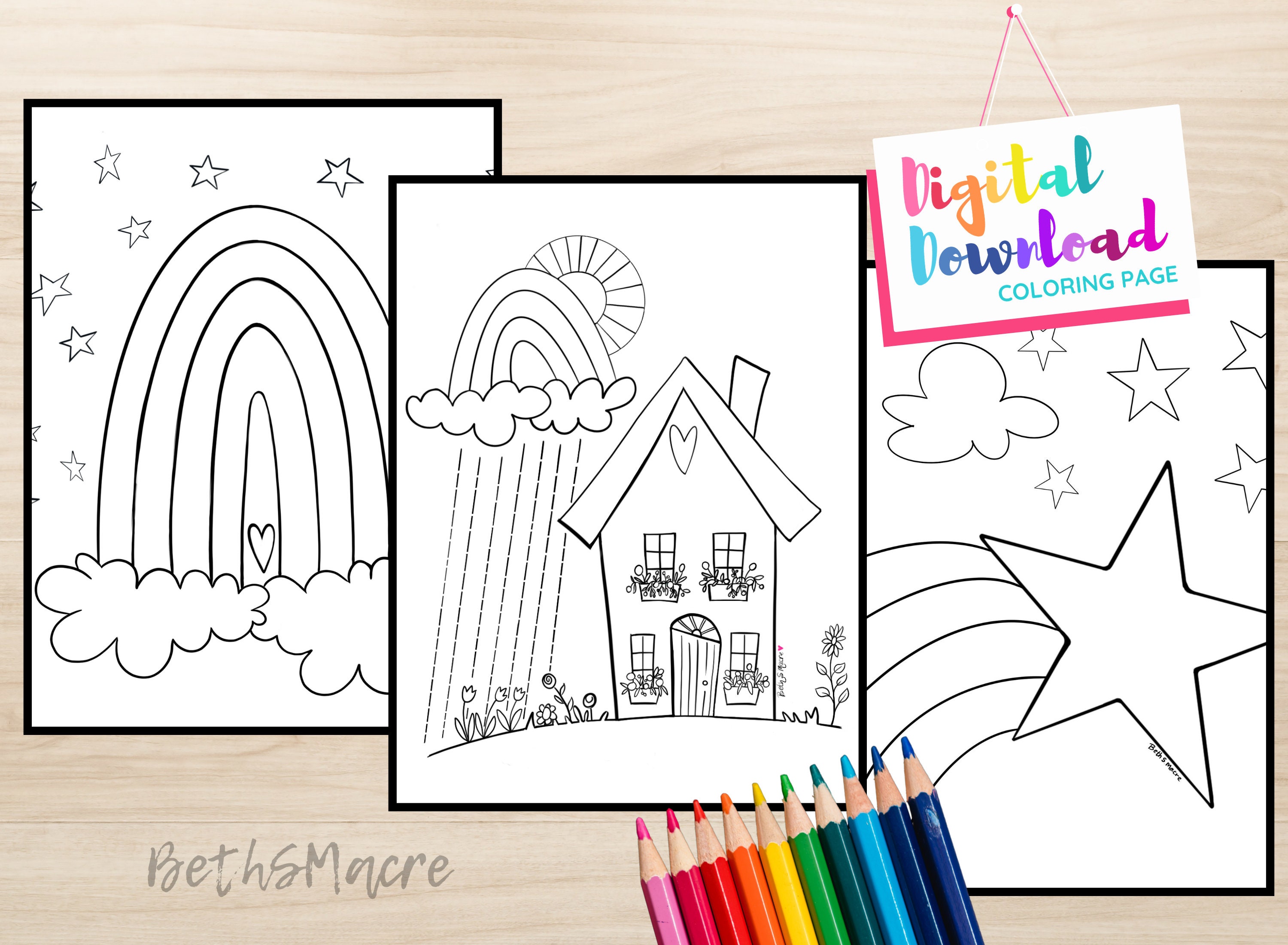 Sunshine and rainbow house coloring page set of digital download printable coloring pages