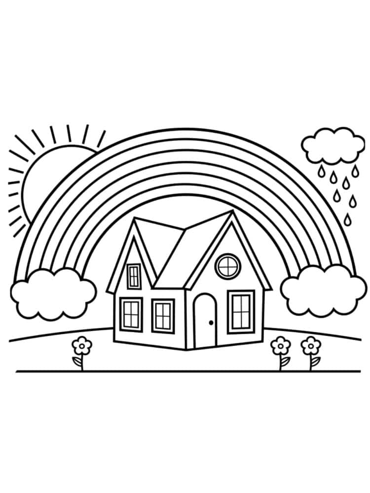 Drawing of a rainbow over a house and flowers coloring page