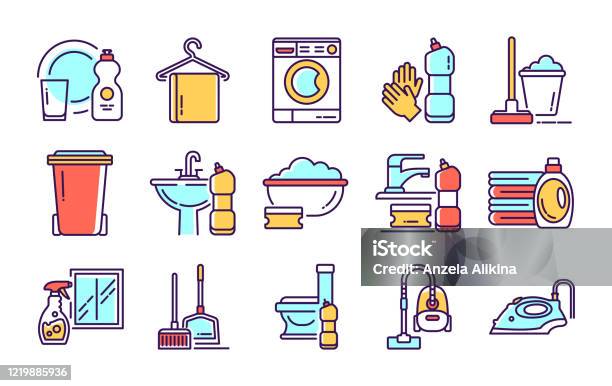 Cleaning services color icons set housekeeping cleaner products signs for web page mobile app button banner stock illustration