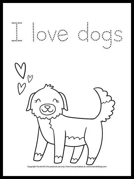 I love dogs coloring page â dot font â free printable â the art kit