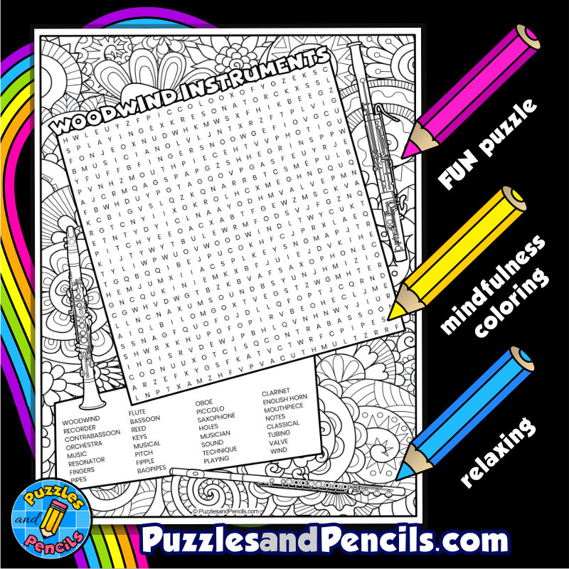 Woodwind instruments word search puzzle activity page with coloring music wordsearch made by teachers