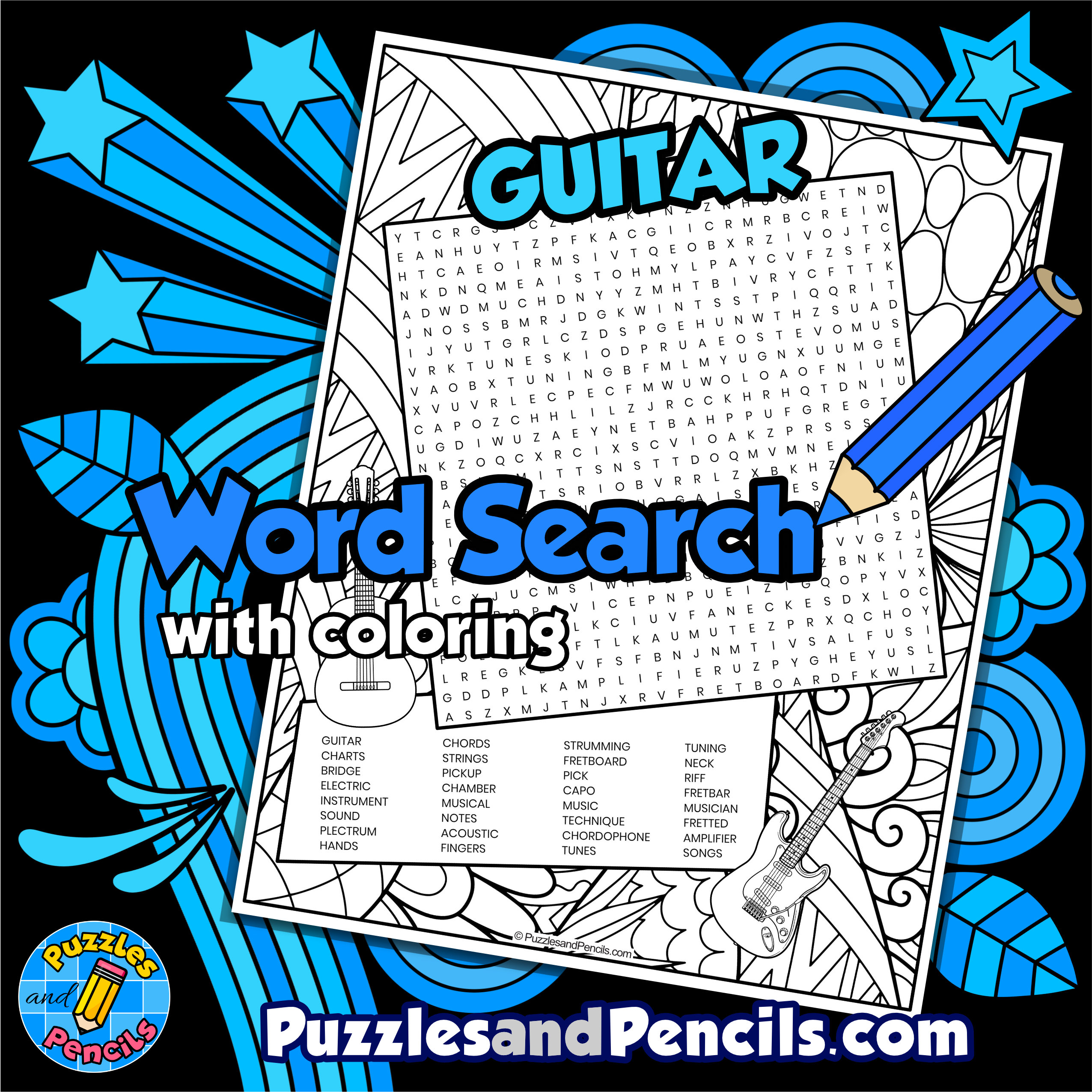 Guitar word search puzzle activity page with coloring music wordsearch made by teachers