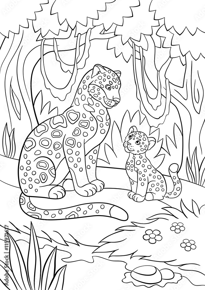 Coloring pages mother jaguar with her little cute cubs vector