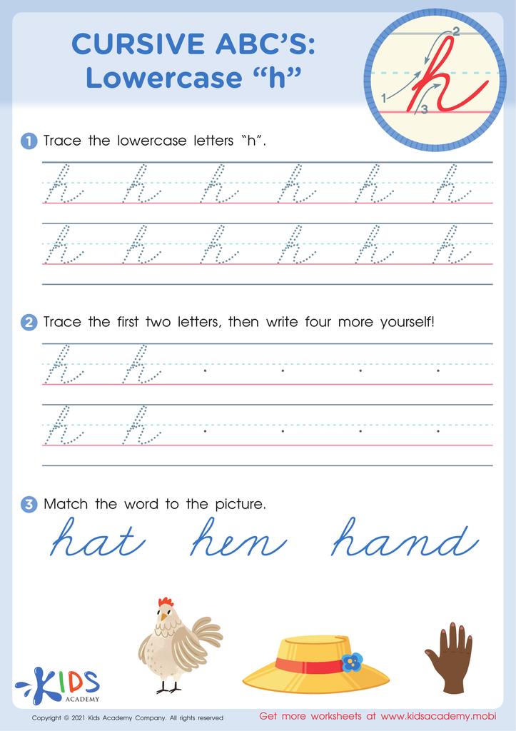 Cursive abcs lowercase h for kids