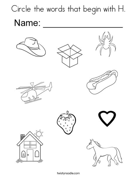 Circle the words that begin with h coloring page