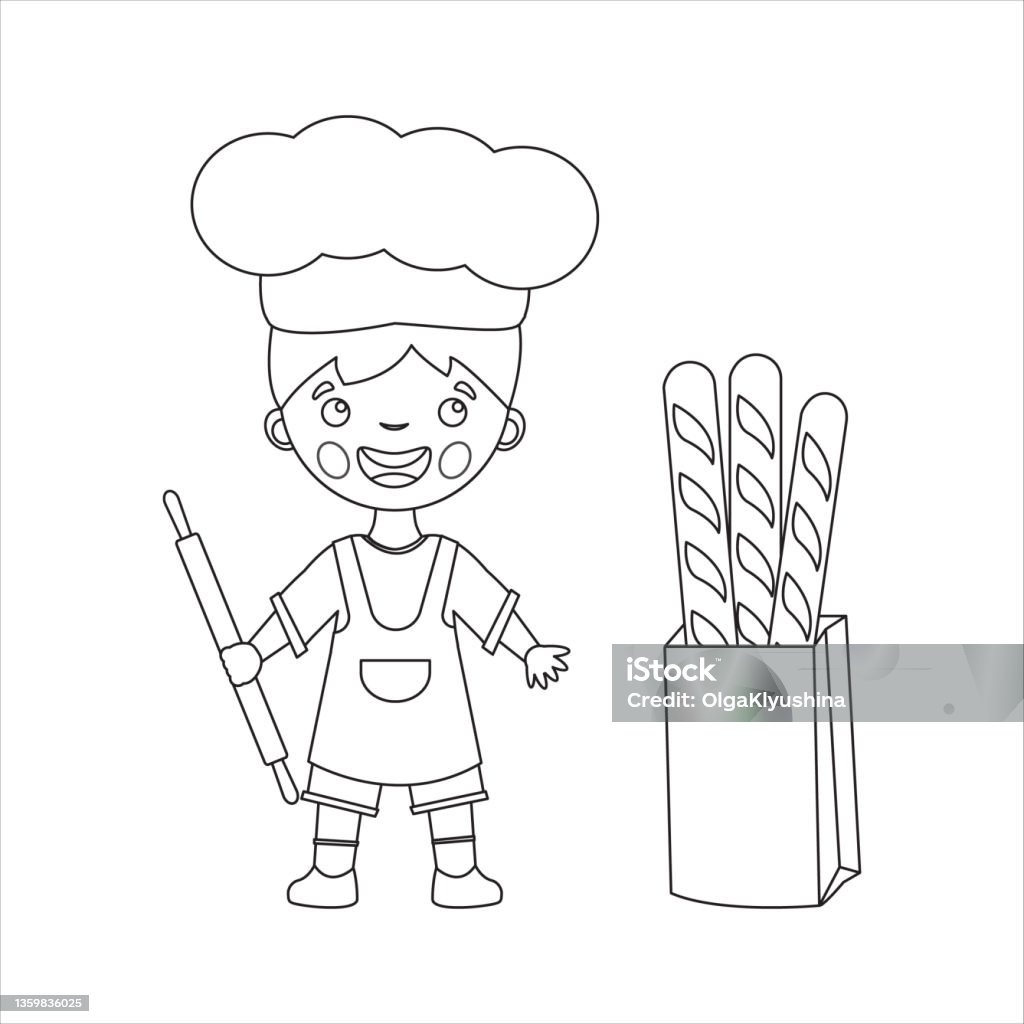 Coloring page of cartoon chef with baguette and rolling pin little chef or scullion in an apron and chefs hat profession coloring book for children vector illustration stock illustration