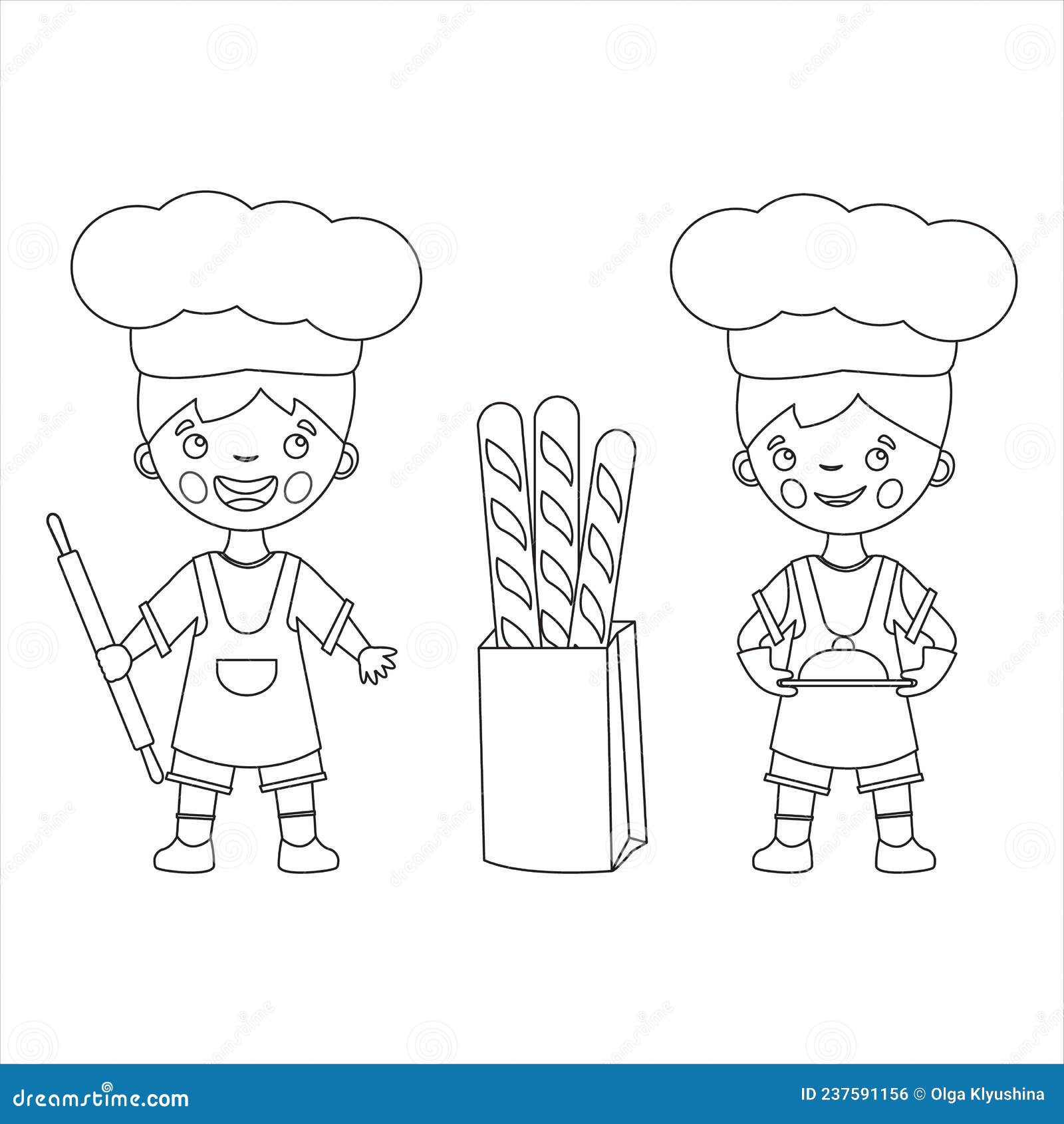 Coloring page cartoonish twist with dish rolling pin and baguette little cooks in an apron and a chefs hat stock vector