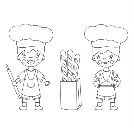 Coloring page cartoonish twist with dish rolling pin and baguette little cooks in an apron and a chefs hat profession royalty free svg cliparts vectors and stock illustration image