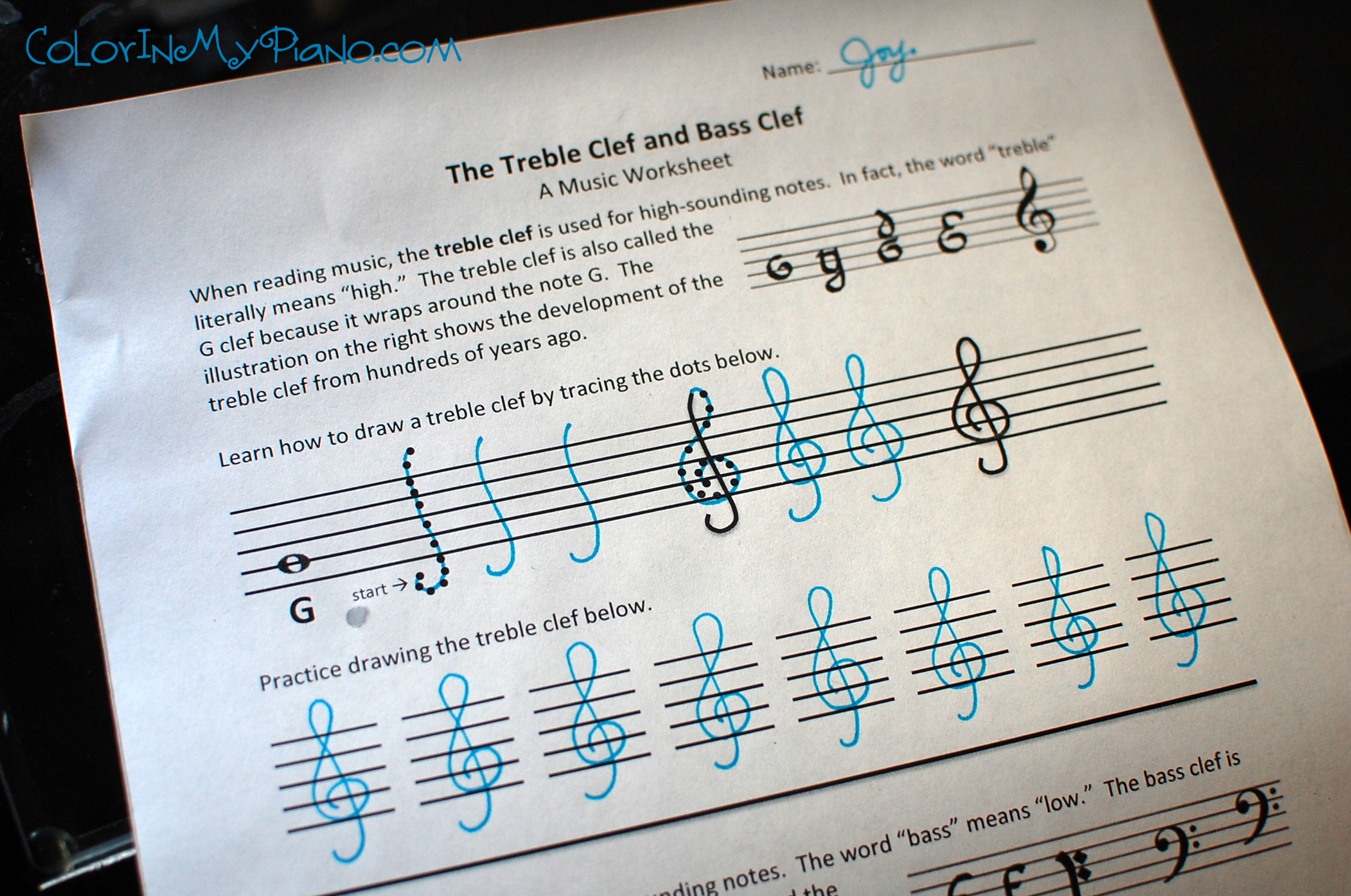 Just added treble bass clef worksheet â color in my piano