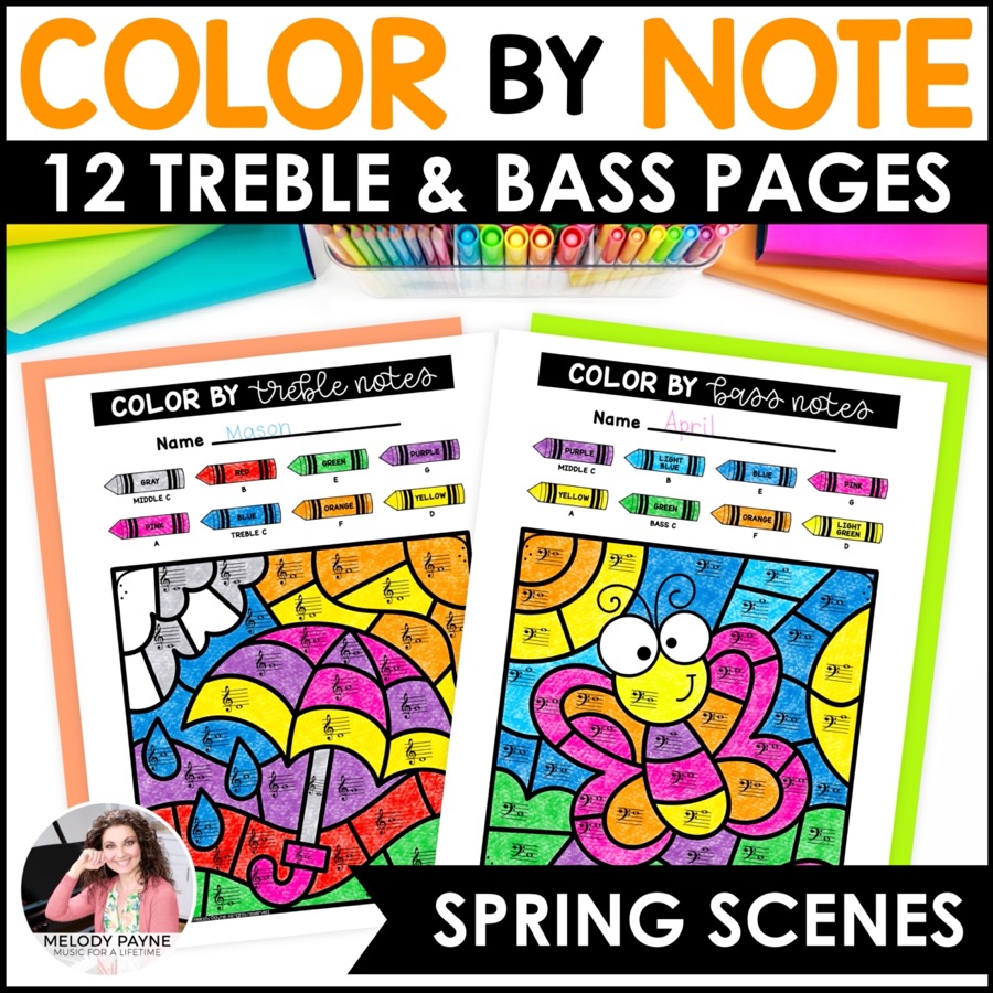 Springtime color by treble and bass clef notes music worksheets for piano and music class