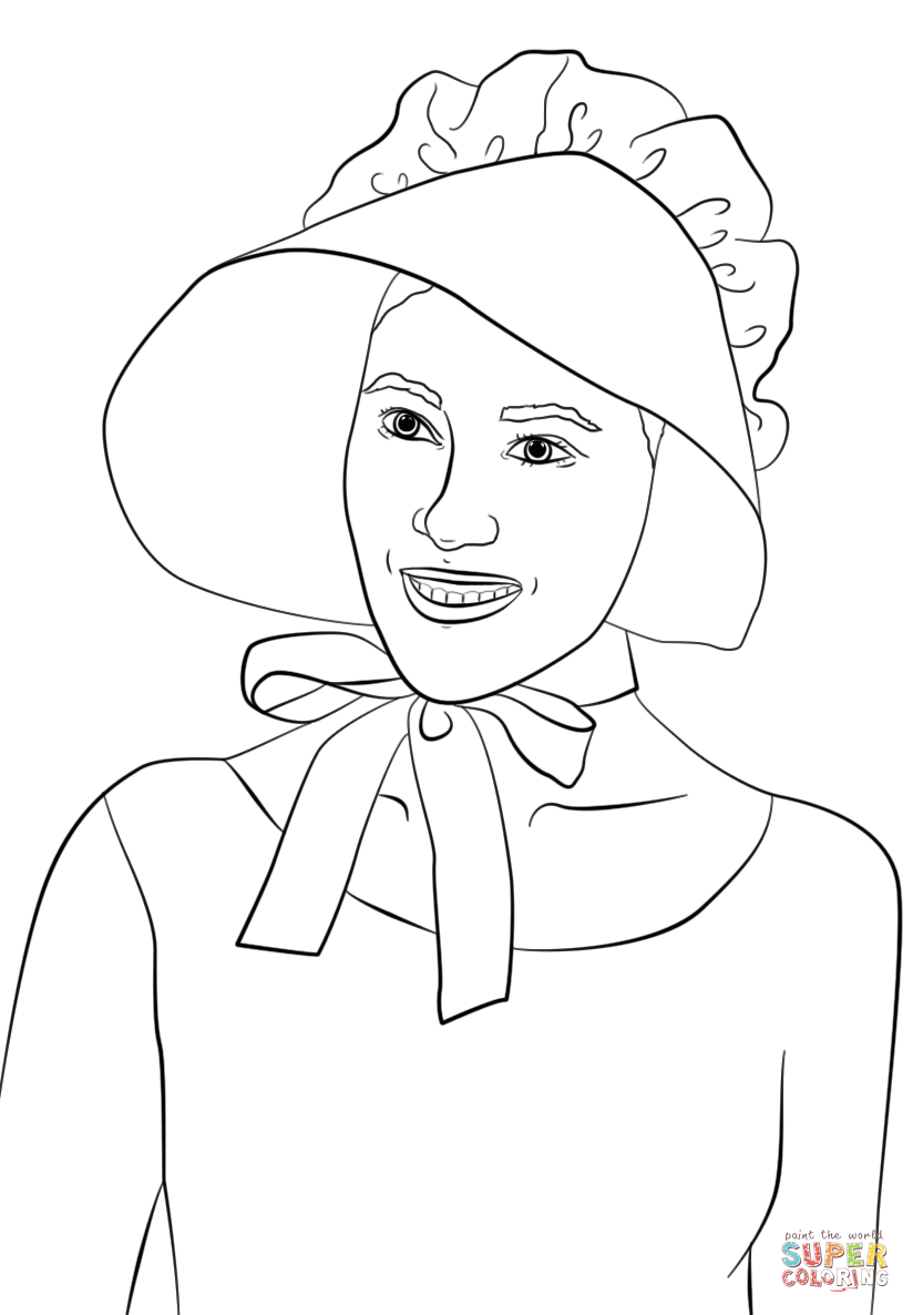 Girl wearing pilgrim bonnet coloring page free printable coloring pages