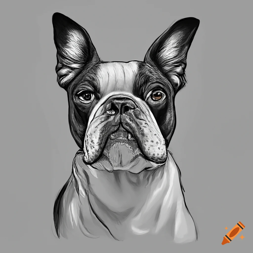 Happy boston terrier dog fineline drawing greyscale no colors coloring book style on