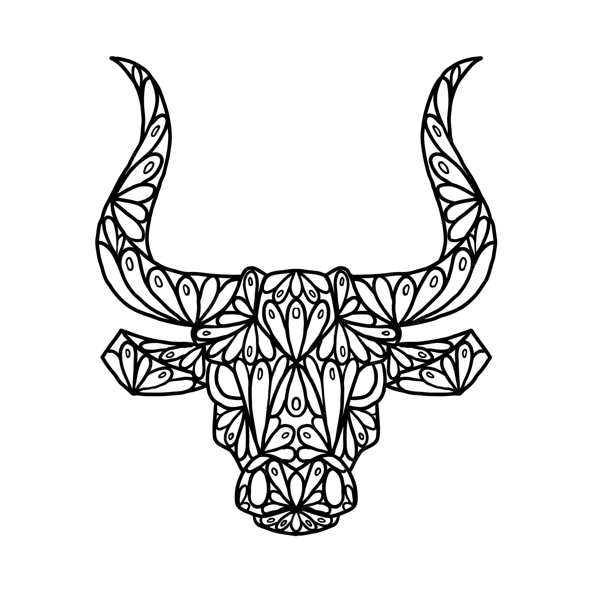 Premium vector bull animal head zen doodle coloring page