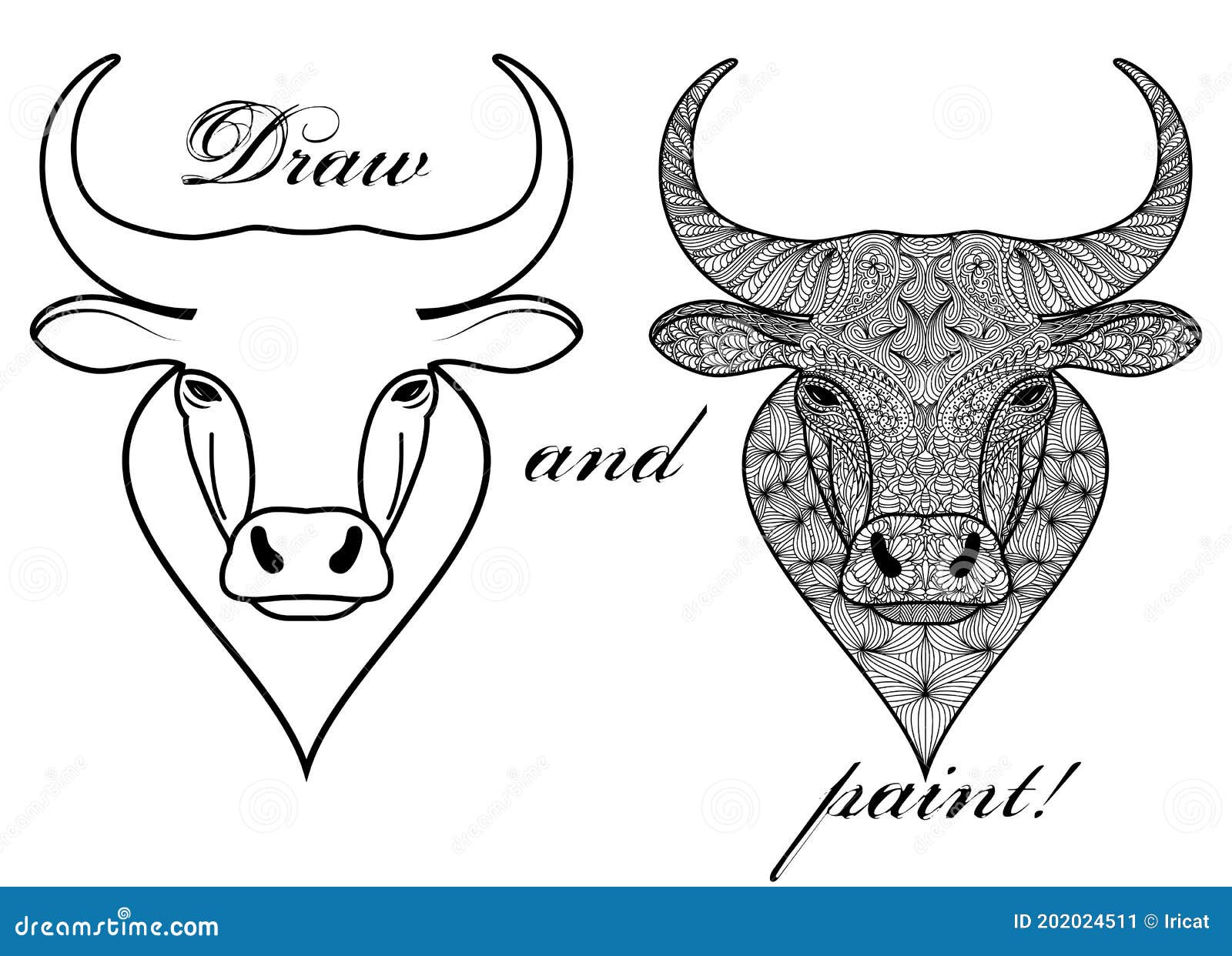 Art therapy coloring page with patterned head of ox or bull isolated on white coloring book for adults stock vector