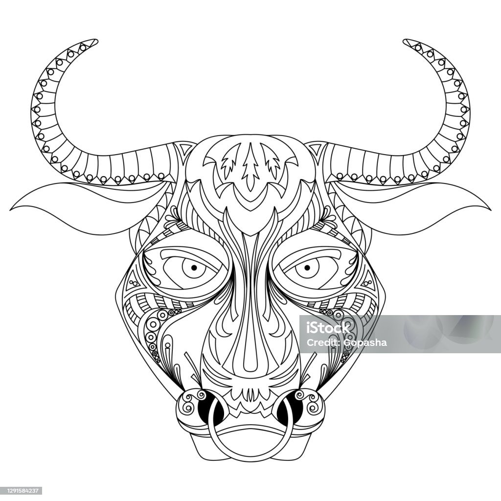 Hand drawn doodle outline bull head decorated with ornamentsvector illustration coloring page stock illustration