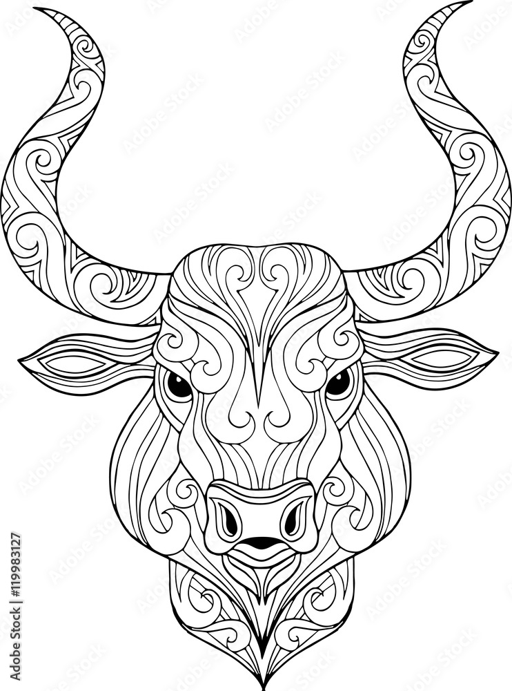 Hand drawn ornate doodle bull head illustration for coloring book vector