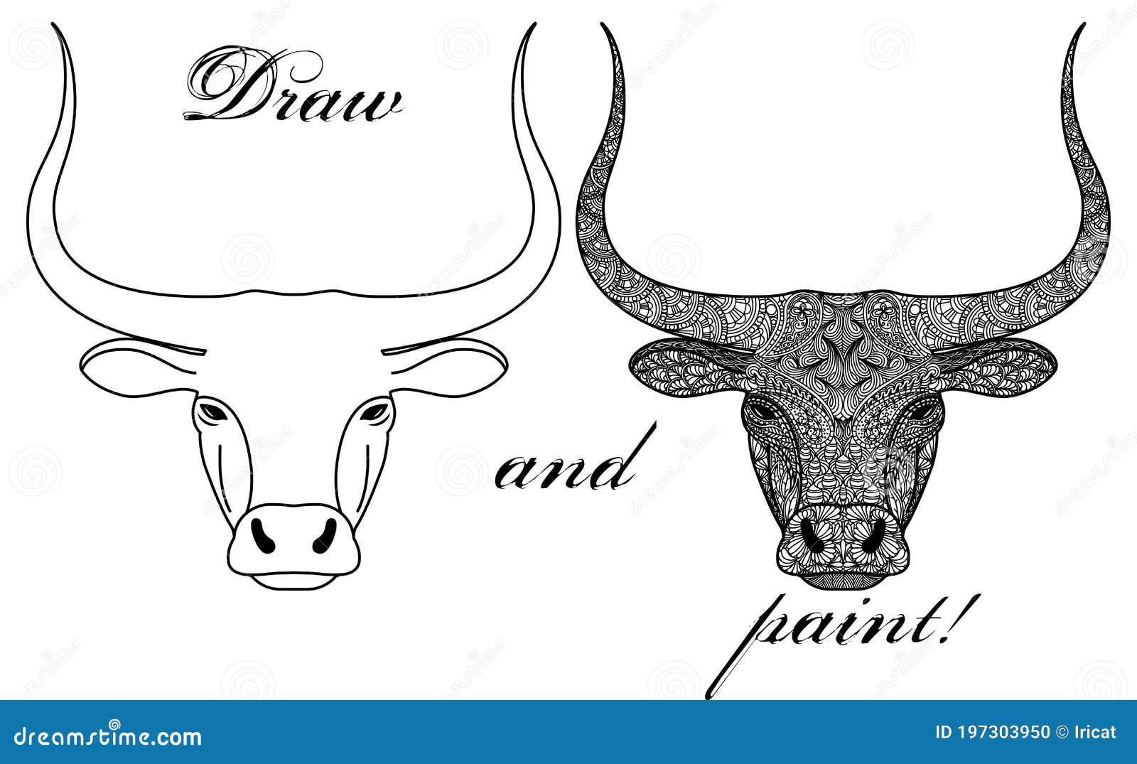 Coloring book page with patterned head of a bull or ox isolated on white background decoration for printing on fabric stock vector