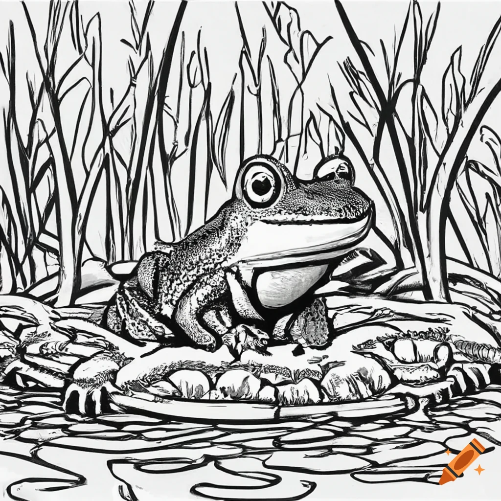 Realistic looking bull frog in a swamp bw lines for coloring book x on